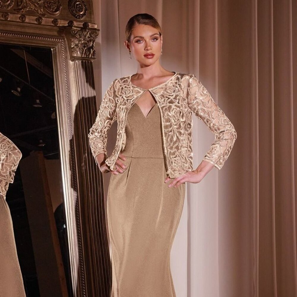 New Formal Sleeveless Sheath Glitter Crepe Gown w/ Removable Jacket CD J881